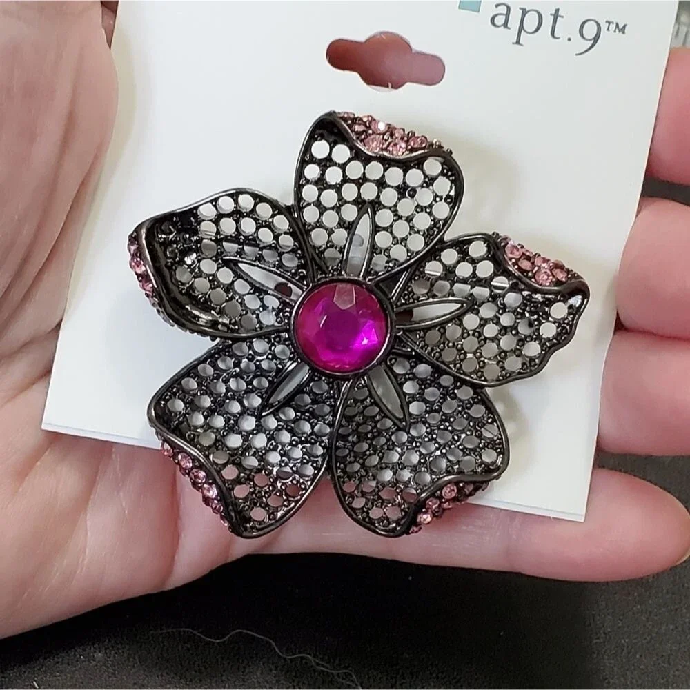 Apt 9 dark silver tone pink flower brooch